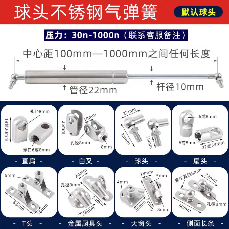 22mm 10mm 304 316 stainless steel gas spring and end fitting 